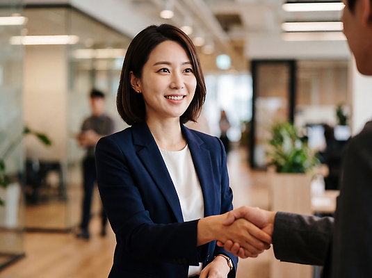 JPG 편집이미지 여자 비즈니스 회의 협력 악수 직장 대화 정장 사무실 만남 인사 업무 직장인 비즈니스우먼 동료 의료성형뷰티 편집실사 AI인물포토 AI콘텐츠 직업 옷 컨셉 회사 관계 말하기 사람 손짓 예절 작업 CG 파일형식 AI포토 모션
