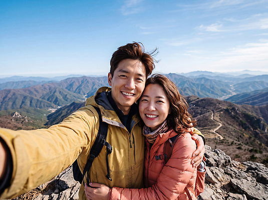 JPG 편집이미지 커플 여자 남자 여행 한국 웃음 야외활동 등산 트래킹 정상 셀프카메라 산속 산행 산길 산정상 의료성형뷰티 산맥 편집실사 AI인물포토 AI콘텐츠 아시아 길 관계 레저 산 표정 사람 사진촬영 CG 파일형식 AI포토 나라 촬영