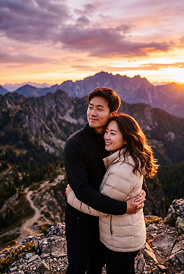 JPG 편집이미지 커플 여자 남자 여행 포옹 자연 산 야외 일몰 등산 트래킹 하이킹 바위 산속 산길 산정상 의료성형뷰티 산맥 편집실사 AI인물포토 AI콘텐츠 길 관계 안기 레저 사람 노을 정상 CG 생태계 파일형식 AI포토 자연요소 모션