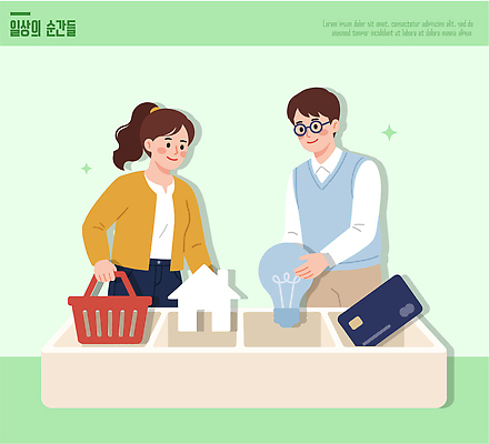 여자 남자 일러스트 전구 사람 두명 바구니 자연보호 재활용 쓰레기통 카드 플라스틱 장바구니 분리수거 재활용품 분리배출 집모양 국내일러스트 AI파일 모양 자연 재질 쇼핑 보호 친환경 파일형식 벡터 컨셉 환경 생태계