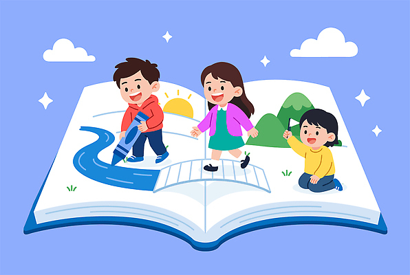 자연요소 여자 교육 남자 어린이 모션 문구용품 사람 책 생태계 파일형식 벡터 그림책 독서 그리기 붓 강 산 태양 길 자연 상상 학습 소년 소녀 세명 일러스트 국내일러스트 AI파일 필기구