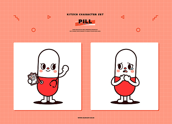 캐릭터 디자인 일러스트 청진기 표정 알약 약 눈물 주황색배경 일러캐릭터 AI파일 감정 의학 의료기기 주황색 파일형식 벡터 컬러