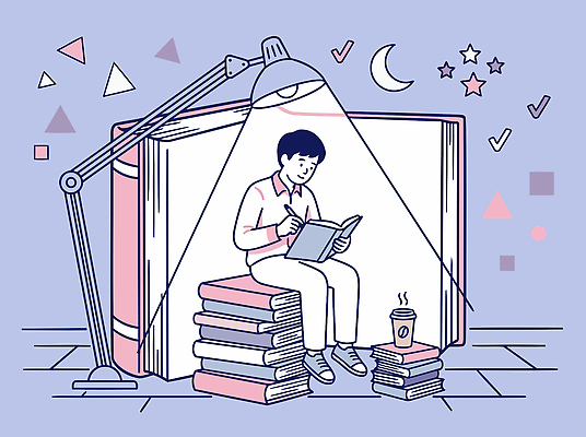 학생 교육 일러스트 조명 사람 앉기 책 학습 공책 기록 밤 자격증 책더미 국내일러스트 AI파일 모션 문구용품 무더기 증명서 파일형식 벡터 오브젝트