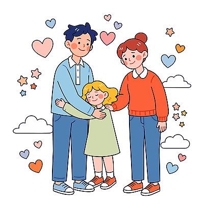 딸 별 어린이 일러스트 가족 포옹 엄마 사랑 가족애 소녀 세명 부모 하트 아빠 보호 돌봄 국내일러스트 AI파일 자연요소 모양 여자 감정 컨셉 관계 안기 모션 사람 파일형식 벡터