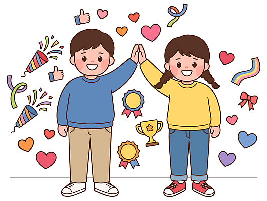 어린이 일러스트 성공 기념 이벤트 청년 친구 우정 기쁨 하트 축하 수상 트로피 메달 시상 지원 청년정책 국내일러스트 AI파일 모양 감정 컨셉 관계 사람 성인 상 복지 파일형식 벡터 사회이슈 상패 우승 최고