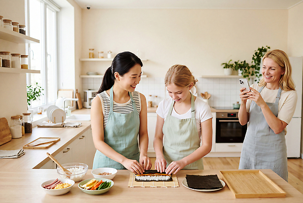 JPG 외국인 편집이미지 여자 채소 밥 요리 주방 촬영 체험 김 김밥 조리대 요리중 요리수업 음식준비 의료성형뷰티 편집실사 AI인물포토 AI콘텐츠 음식 컨셉 모션 수업 사람 인종 해조류 CG 준비 파일형식 AI포토 교육 해양식물 수중식물 식물