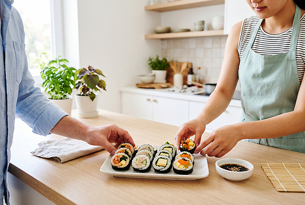 JPG 외국인 편집이미지 접시 한식 가정 식탁 밥 요리 두명 주방 앞치마 체험 김 김밥 음식준비 의료성형뷰티 편집실사 AI인물포토 AI콘텐츠 식기 음식 컨셉 탁자 사람 인종 해조류 CG 준비 파일형식 AI포토 가구 해양식물 생활용품 수중식물 식물 오브젝트