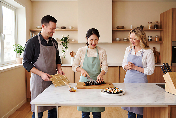 JPG 외국인 편집이미지 여자 남자 밥 도마 요리 세명 주방 체험 칼 김 자르기 김밥 조리대 음식준비 의료성형뷰티 편집실사 AI인물포토 AI콘텐츠 음식 컨셉 모션 주방용품 사람 인종 해조류 CG 준비 파일형식 AI포토 생활용품 해양식물 수중식물 오브젝트 식물