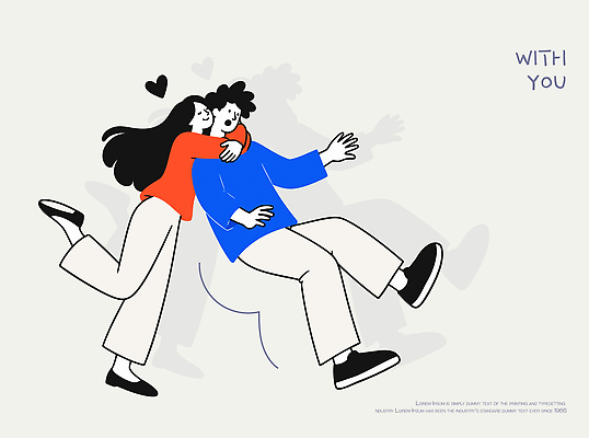 긴머리 커플 여자 남자 행복 포즈 일러스트 포옹 함께함 사랑 사람 두명 하트 파마 검은머리 즐거움 흰바지 다리들기 국내일러스트 AI파일 모양 헤어스타일 감정 컨셉 바지 관계 안기 모션 파일형식 벡터 하의 옷