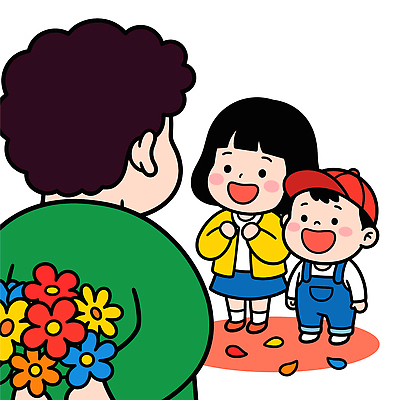 헤어스타일 여자 남자 꽃 감정 어린이 신발 셔츠 바지 관계 모션 표정 사람 멜빵 파일형식 벡터 꽃다발 성인 소녀 소년 웃음 마주보기 멜빵바지 티셔츠 운동화 파마 검은머리 가족 일러스트 국내일러스트 AI파일 행복