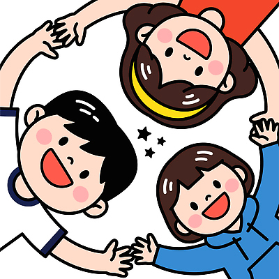 자연요소 헤어스타일 옷 감정 표정 사람 신체부위 머리 파일형식 벡터 세명 손 모임 웃음 얼굴 별 빨간옷 머리카락 검은머리 갈색머리 눈 일러스트 국내일러스트 AI파일 행복 어린이