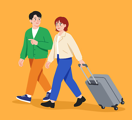 여행 이동 일러스트 대화 손짓 두명 여행객 걷기 여행가방 짐 출발 동행 발걸음 국내일러스트 AI파일 컨셉 가방 모션 말하기 사람 파일형식 벡터 잡화