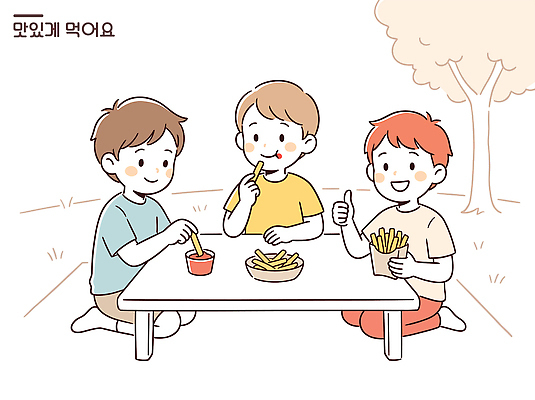 공공시설 음식 가구 관계 모션 감자 사람 튀김 양념 파일형식 벡터 어린이 감자튀김 먹기 공원 야외 탁자 디저트 소스 세명 친구 식사 일러스트 국내일러스트 AI파일 맛있는