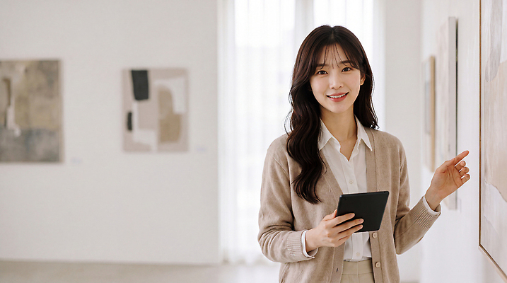 JPG 편집이미지 라이프스타일 여자 예술 벽 창문 안내 실내 미술 설명 태블릿 전시 가리킴 미술관 편안함 의료성형뷰티 큐레이터 편집실사 AI인물포토 AI콘텐츠 직업 모션 문화예술 사람 손짓 내부 생활 전자제품 스마트기기 감각 CG 파일형식 AI포토