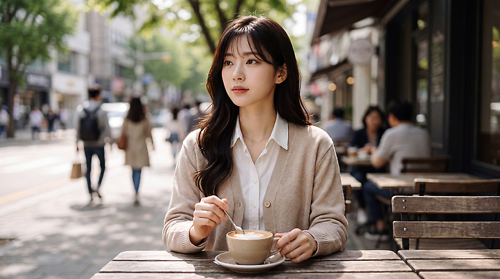 JPG 나무 편집이미지 라이프스타일 여자 커피 음료 거리 앉기 컵 숟가락 카페 도심 편안함 야외카페 의료성형뷰티 편집실사 AI인물포토 AI콘텐츠 식물 식기 모션 수저 사람 생활 상점 도시 감각 CG 파일형식 AI포토
