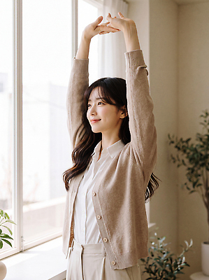 JPG 편집이미지 라이프스타일 여자 셔츠 바지 창문 휴식 주택 실내 일상 스트레칭 편안함 창가 카디건 기지개 의료성형뷰티 편집실사 AI인물포토 AI콘텐츠 컨셉 상의 모션 하의 사람 내부 건물 라이프 생활 운동 외투 감각 CG 파일형식 AI포토 건축물 옷 건강 건축