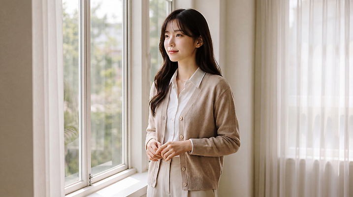 JPG 편집이미지 라이프스타일 긴머리 응시 여자 셔츠 창문 실내 양손 커튼 편안함 창가 카디건 창틀 창밖 의료성형뷰티 편집실사 AI인물포토 AI콘텐츠 헤어스타일 손 시선 상의 사람 내부 생활 외투 감각 CG 파일형식 AI포토 옷 신체부위
