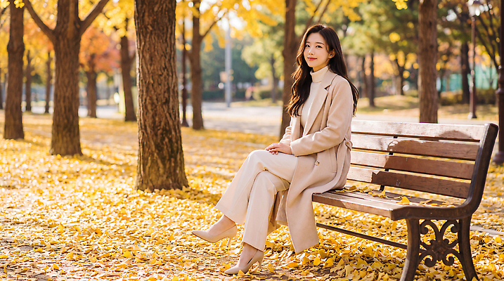 JPG 나무 편집이미지 긴머리 공원 여자 여유 낙엽 벤치 바지 휴식 앉기 야외 빛 산책로 코트 가을 의료성형뷰티 편집실사 AI인물포토 AI콘텐츠 식물 헤어스타일 계절 공공시설 감정 길 컨셉 잎 의자 모션 하의 사람 외투 CG 파일형식 AI포토 옷 가구 상의 시설 생활용품 오브젝트
