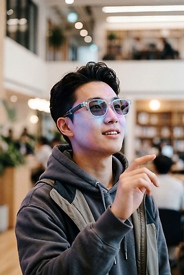 JPG 편집이미지 남자 안경 배낭 실내 스마트라이프 사람 손짓 쇼핑 상점 가리킴 쇼핑몰 방문객 의료성형뷰티 AI_인공지능 이미지편집 AI인물포토 AI콘텐츠 라이프스타일 잡화 가방 모션 내부 파일형식 AI포토 생활