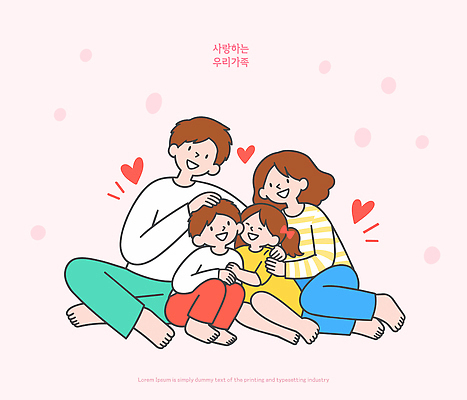 어린이 일러스트 가족 포옹 엄마 사랑 가족애 미소 웃음 부모 하트 아빠 분홍색배경 국내일러스트 AI파일 모양 감정 분홍색 관계 안기 표정 사람 파일형식 벡터 컬러 모션