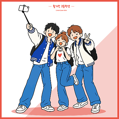 학생 여학생 교복 남학생 포즈 일러스트 학교 청소년 고등학생 함께함 웃음 세명 친구 핸드폰 스쿨라이프 사진촬영 우정 셀프카메라 단체사진 국내일러스트 AI파일 라이프스타일 옷 여자 교육 남자 컨셉 관계 표정 사람 전자제품 촬영 기념사진 파일형식 벡터 생활