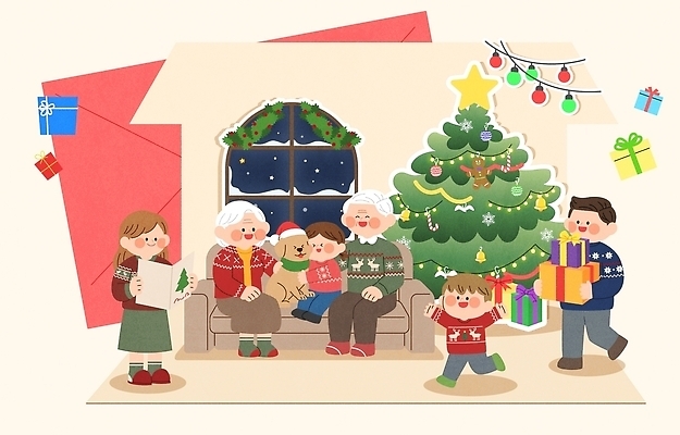 크리스마스장식 크리스마스 겨울 거실 일러스트 전구 노래 창문 가족 실내 선물 성인 장식 선물상자 소파 크리스마스트리 축하 저녁 포장지 국내일러스트 AI파일 계절 기념일 음악 컨셉 의자 포장 관계 사람 내부 상자 밤 야간 파일형식 벡터 자연요소 가구 문화예술 이벤트 생활용품 오브젝트