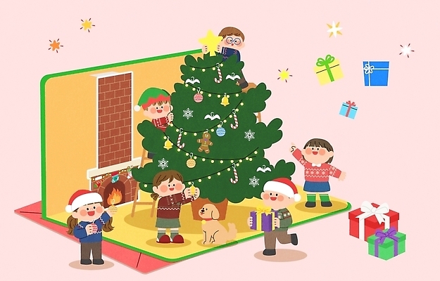 어린이 크리스마스장식 크리스마스 겨울 일러스트 전구 실내 선물 장식 선물상자 크리스마스트리 강아지 벽난로 별장식 양말장식 국내일러스트 AI파일 계절 기념일 별 사람 내부 반려동물 상자 개 파일형식 벡터 자연요소 동물 포유류 이벤트