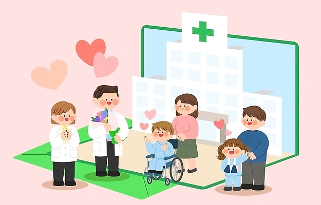 어린이 일러스트 의학 가족 건강 병원 치료 진료 환자 간호사 의료진 의사 휠체어 보호자 돌봄 국내일러스트 AI파일 직업 관계 모션 사람 파일형식 벡터