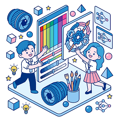 도형 디자인 여자 남자 일러스트 협력 사람 손짓 스크린 톱니바퀴 연필꽂이 카메라렌즈 AI_인공지능 국내일러스트 AI파일 모션 문구용품 카메라 파일형식 벡터 전자제품 오브젝트