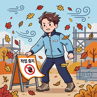 건축 낙엽 일러스트 바람 알림판 작업복 공사 경고 안전 사람 건설현장 가을 표지판 정지 강풍 안전표지 안전화 작업자 국내일러스트 AI파일 자연요소 옷 계절 표지 신발 잎 모션 날씨 건설업 파일형식 벡터 식물 산업