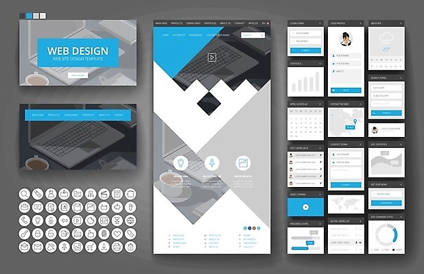 EPS 해외이미지 템플릿 디자인 지도 인터넷 일러스트 비즈니스 모바일 문구용품 사람없음 그래픽 파란색 노트북 컴퓨터 세트 세계 사무실 웹 플랫 오브젝트 메뉴 레이아웃 페이지 UI 인터페이스 해외202004 해외일러스트 컬러 전자제품 파일형식 벡터