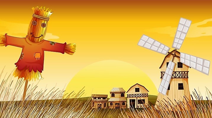 EPS 해외이미지 나무 식물 구름 잎 밭 채소 일러스트 자연 하늘 바람 사람없음 야외 농작물 농장 농경지 노란색 일몰 풍차 농부 오두막 그림 까마귀 외양간 밭일 해외202004 해외일러스트 자연요소 직업 컬러 농업 조류 날씨 노을 생태계 파일형식 벡터