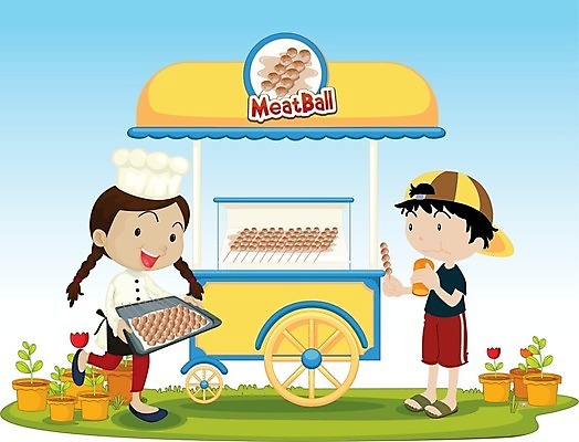 EPS 해외이미지 식물 모자 남자 어린이 음식 일러스트 공 태국 육류 요리 서기 사람 소년 요리사 카트 우정 바퀴 막대기 시원함 미트볼 만화 먹기 웨이트리스 웨이터 고객 서빙 해외202004 해외일러스트 직업 잡화 아시아 식재료 모션 친구 종업원 파일형식 벡터