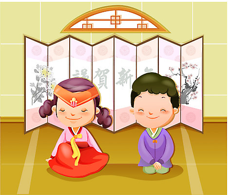 EPS 여자 명절 남자 어린이 일러스트 새해 실내 사람 소녀 소년 두명 설날 절 한복 국경일 세배 병풍 어린이만 국내일러스트 한국전통 전통 기념일 내부 인사 절_인사 전통의상 파일형식 벡터