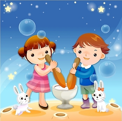 EPS 커플 여자 남자 어린이 일러스트 상상 하늘 요정 사람 소녀 소년 야외 두명 판타지 꿈 달 토끼 순수 절구 어린이만 국내일러스트 자연요소 컨셉 포유류 관계 반려동물 도구 파일형식 벡터