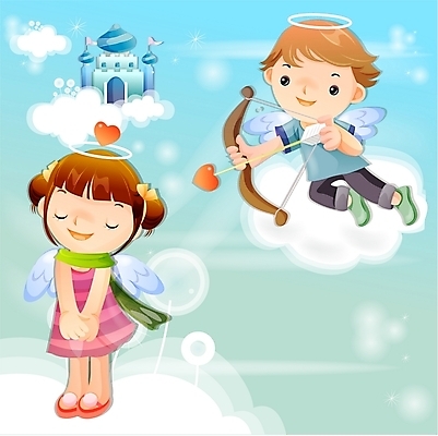 EPS 커플 여자 남자 어린이 일러스트 상상 하늘 요정 사람 소녀 소년 두명 판타지 꿈 순수 큐피드 어린이만 국내일러스트 컨셉 관계 파일형식 벡터