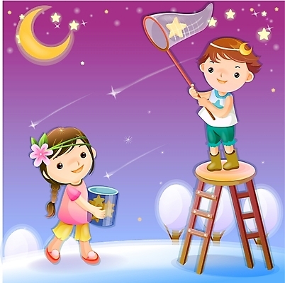 EPS 커플 여자 남자 별 어린이 일러스트 사다리 상상 하늘 요정 사람 소녀 소년 두명 판타지 꿈 달 야간 유성 순수 채집망 어린이만 국내일러스트 자연요소 컨셉 관계 도구 파일형식 벡터