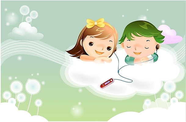 EPS 구름 커플 여자 남자 어린이 음악 일러스트 상상 하늘 요정 사람 소녀 소년 두명 판타지 음악감상 꿈 순수 어린이만 국내일러스트 자연요소 컨셉 관계 문화예술 감상 파일형식 벡터