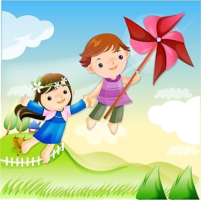 EPS 주간 커플 여자 남자 어린이 일러스트 상상 하늘 요정 사람 소녀 소년 야외 두명 판타지 꿈 바람개비 순수 어린이만 국내일러스트 자연요소 컨셉 관계 파일형식 벡터