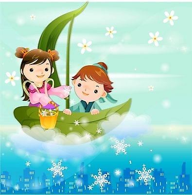 EPS 커플 여자 남자 어린이 일러스트 상상 하늘 요정 사람 소녀 소년 두명 판타지 꿈 비행 눈 순수 선녀 어린이만 국내일러스트 자연요소 컨셉 관계 날씨 파일형식 벡터