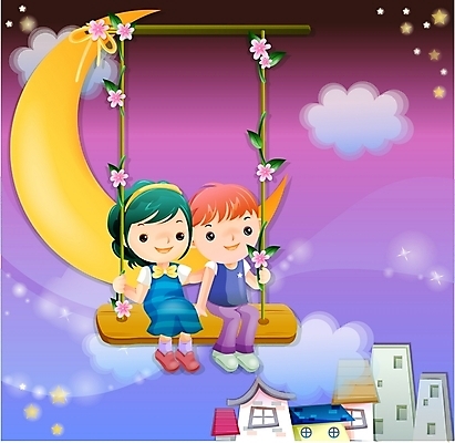 EPS 커플 여자 남자 별 어린이 일러스트 상상 하늘 요정 사람 소녀 소년 야외 두명 판타지 꿈 달 야간 순수 그네 어린이만 국내일러스트 자연요소 컨셉 관계 파일형식 벡터