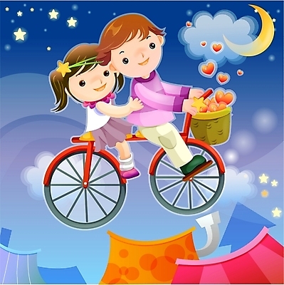 EPS 커플 여자 남자 별 어린이 일러스트 상상 하늘 요정 사랑 사람 소녀 소년 야외 두명 판타지 자전거 꿈 달 하트 야간 순수 어린이만 국내일러스트 자연요소 모양 감정 컨셉 관계 바이크 파일형식 벡터