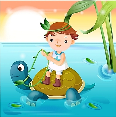 EPS 남자 호수 초등학생 어린이 바다 일러스트 상상 나뭇잎 요정 한명 사람 소년 야외 판타지 꿈 거북이 순수 남자만 남자한명만 어린이만 소년만 소년한명만 국내일러스트 1 학생 컨셉 잎 파충류 파일형식 벡터