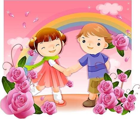 EPS 커플 여자 남자 어린이 무지개 일러스트 상상 요정 사람 소녀 소년 두명 판타지 장미 꿈 순수 어린이만 국내일러스트 자연요소 꽃 컨셉 관계 파일형식 벡터