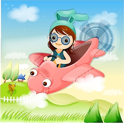 EPS 주간 여자 어린이 일러스트 상상 하늘 비행기 요정 한명 사람 소녀 20대 성인 야외 판타지 꿈 비행 순수 여자만 여자한명만 국내일러스트 자연요소 1 컨셉 항공교통 대중교통 청년 파일형식 벡터