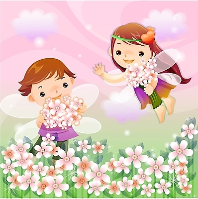 EPS 커플 여자 남자 꽃 어린이 꽃밭 일러스트 상상 하늘 요정 사람 소녀 소년 야외 두명 판타지 정원 꿈 순수 어린이만 국내일러스트 식물 컨셉 관계 파일형식 벡터
