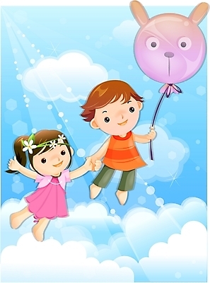 EPS 주간 구름 커플 여자 남자 어린이 일러스트 상상 하늘 요정 사람 소녀 소년 두명 판타지 꿈 순수 풍선 어린이만 국내일러스트 자연요소 컨셉 관계 파일형식 벡터
