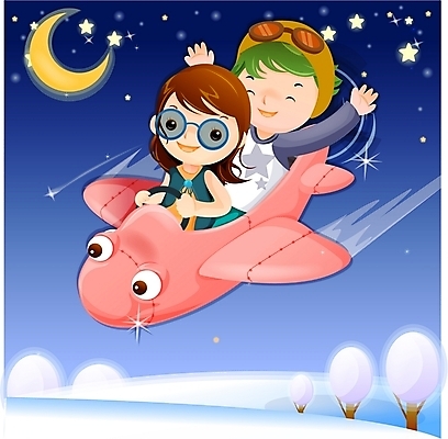 EPS 커플 계절 여자 남자 어린이 겨울 일러스트 상상 하늘 비행기 요정 사람 소녀 소년 야외 두명 판타지 꿈 달 비행 야간 순수 어린이만 국내일러스트 자연요소 컨셉 관계 항공교통 대중교통 파일형식 벡터