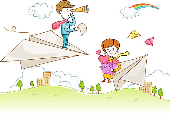 EPS 주간 여자 남자 행복 일러스트 회사 비즈니스 하늘 사람 야외 두명 비즈니스맨 비즈니스우먼 종이비행기 국내일러스트 자연요소 감정 직장인 종이접기 파일형식 벡터