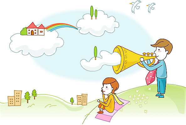 EPS 주간 구름 여자 남자 일러스트 회사 비즈니스 자연 사람 야외 두명 비즈니스맨 비즈니스우먼 작업실 나팔 국내일러스트 자연요소 악기 직장인 생태계 파일형식 벡터